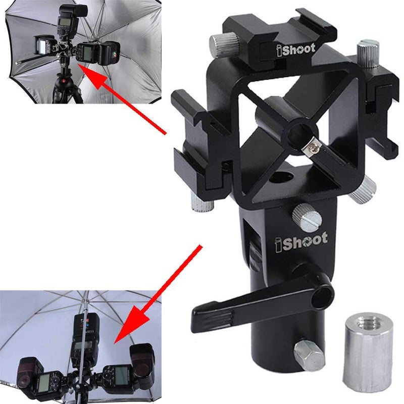 iShoot Universal 3-in-1 Tri-Hot Shoe Mount Flash Bracket Holder with 2 Umbrella Hole for Light Stand Camera Tripod Reflective Umbrella Studio Flash Soft Box Speedlite Diffuser - Image 1